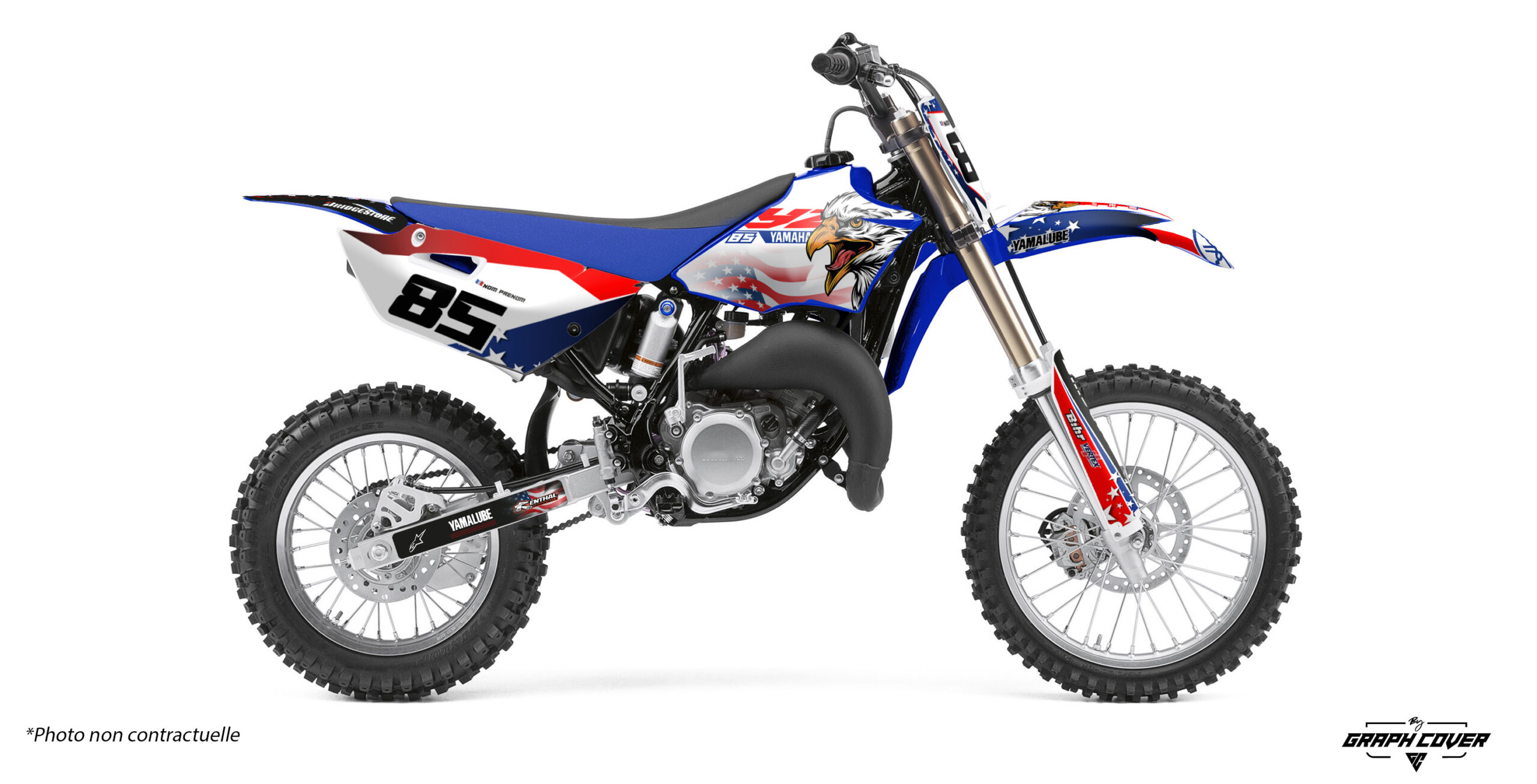 Kit déco moto-cross personnalisé motocross YAMAHA YZ 85. Livraison rapide, qualité professionnelle, résistant aux UV, pose facile, fabriqué en France