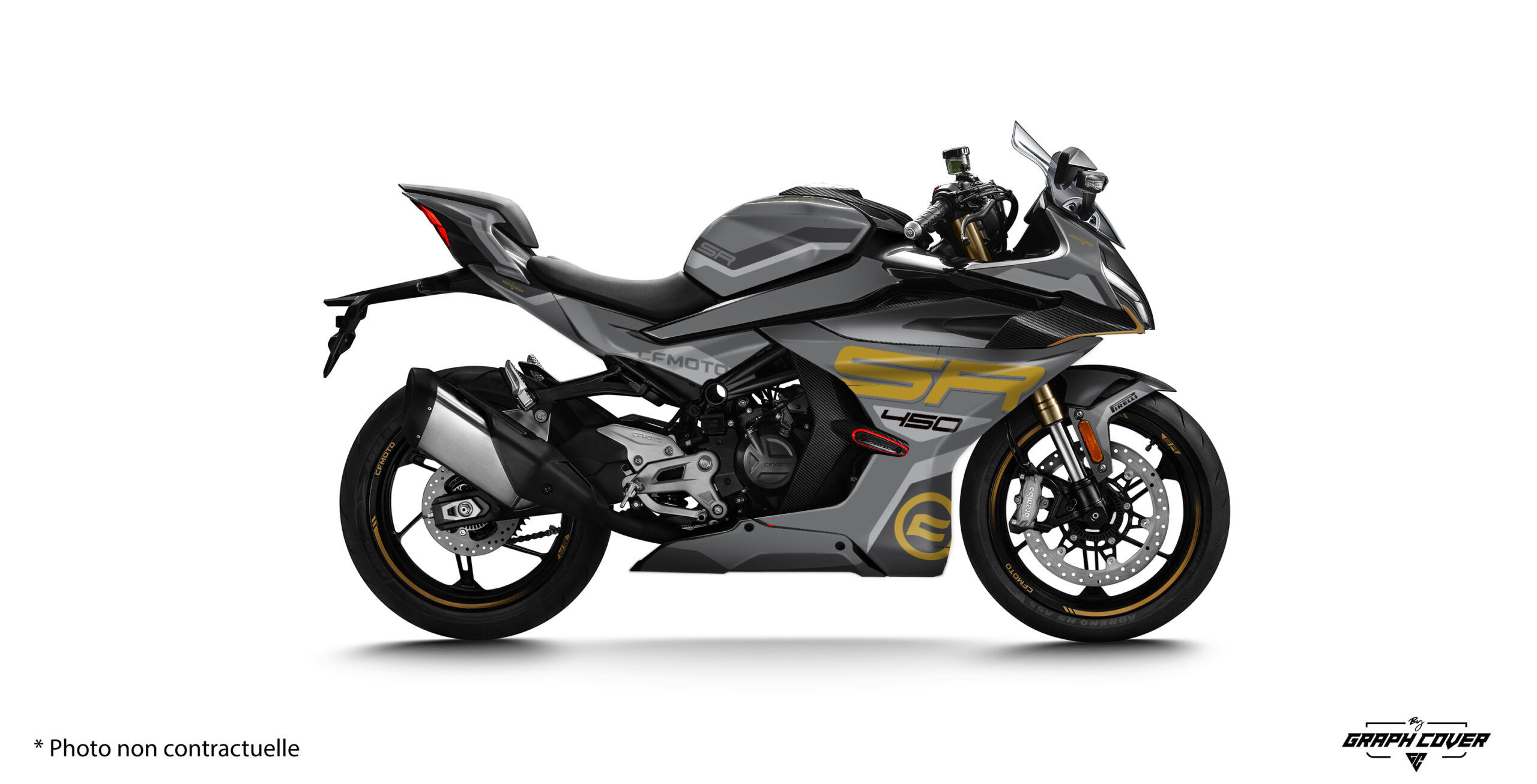 CF-MOTO-450-SR-450-SS-22-à-24-Haroc-Gris-3D Le kit déco Haroc pour la 450 SR CF MOTO est conçu pour transformer l'esthétique de votre moto avec un style unique et percutant. Disponible en trois couleurs – gris, pistache et rouge