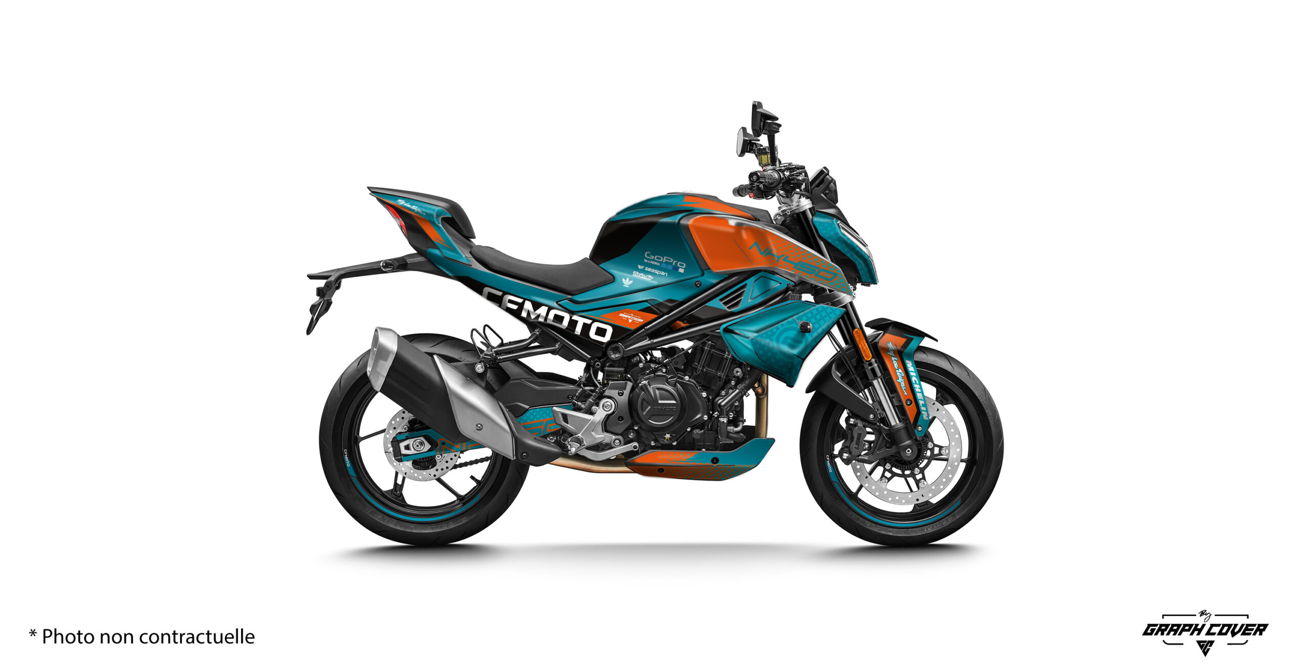 CFMoto-450-NK-2024+-Raceway turquoise-3D Transformez l’apparence de votre CF Moto 450NK avec notre kit déco exclusif. Ce kit est parfait pour les motards qui souhaitent personnaliser leur moto et lui donner un look unique.