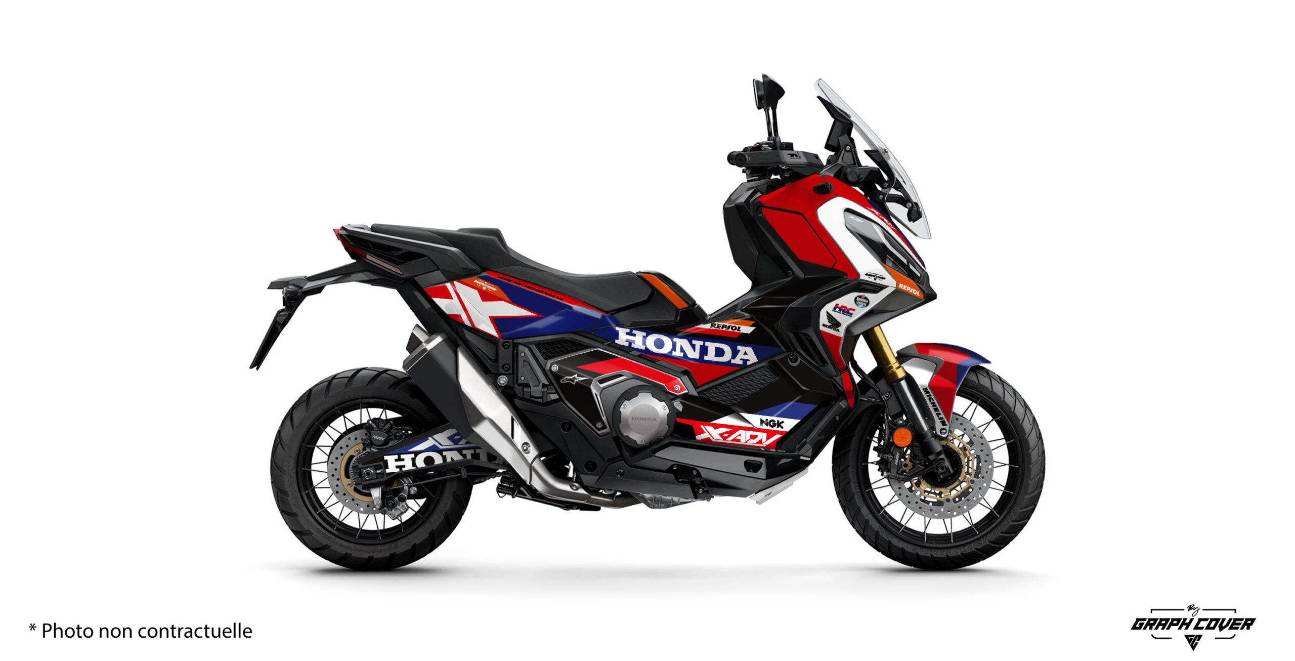 HONDA-X-ADV-750-2021+-Factory-bleu-3D Le kit déco X-ADV 750 personnalisable "Factory" pour est conçu pour offrir une esthétique sportive et dynamique à votre scooter tout en le protégeant.