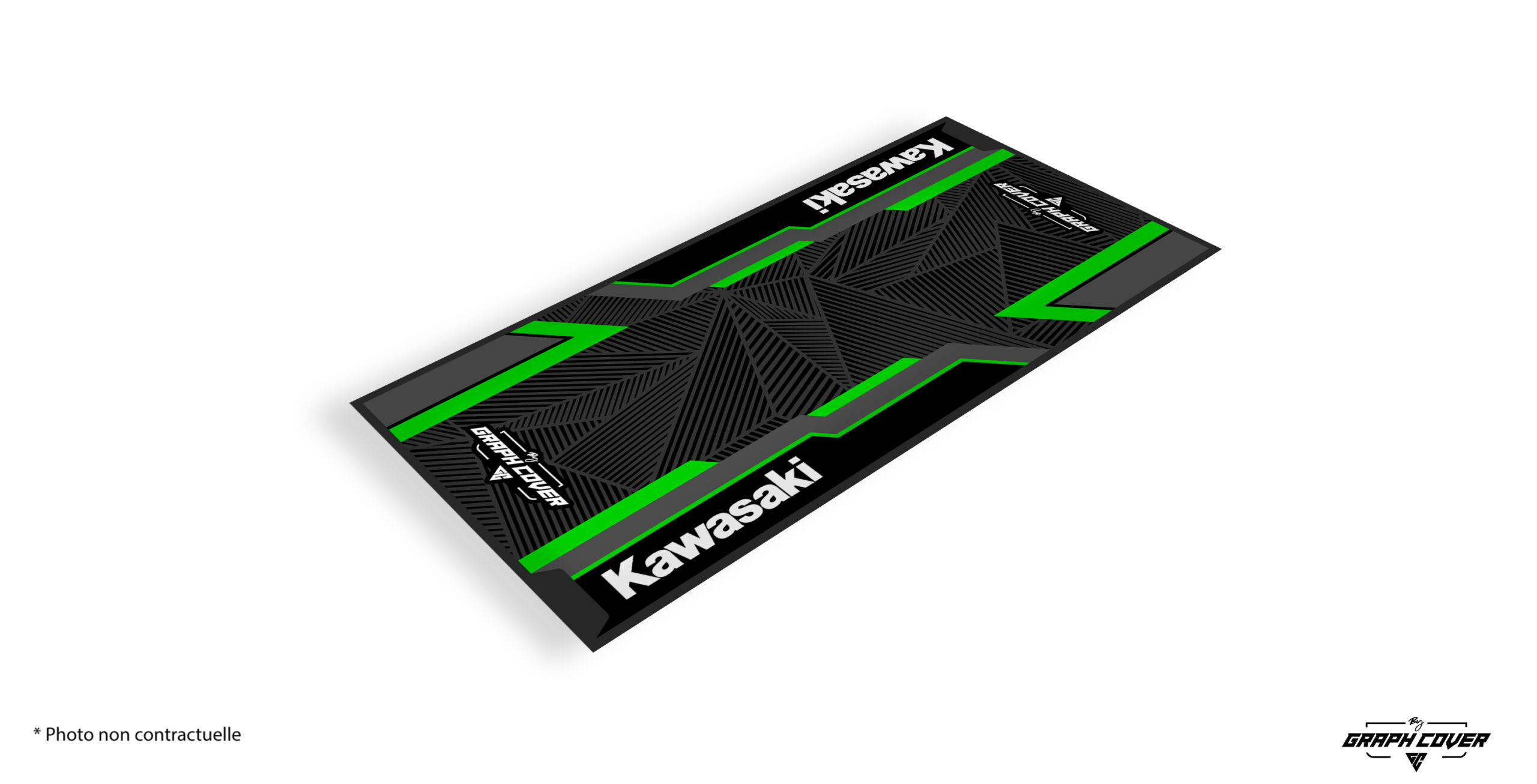 TAPISMOTOMODEL1KAWASAKI95x200_3D Protégez votre sol grâce au tapis environnemental moto KAWASAKI, conçu spécialement pour les passionnés de vitesse et de sports mécaniques !