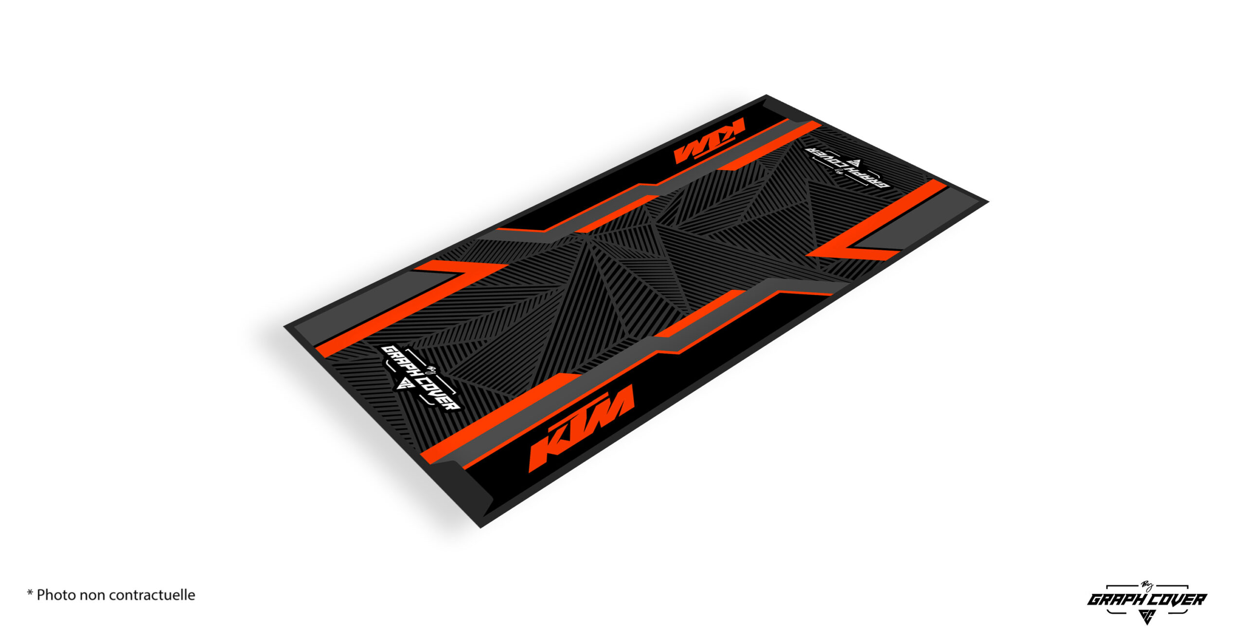TAPISMOTOMODEL1KTM95x200_3D Protégez votre sol grâce au tapis environnemental moto KTM, conçu spécialement pour les passionnés de vitesse et de sports mécaniques !