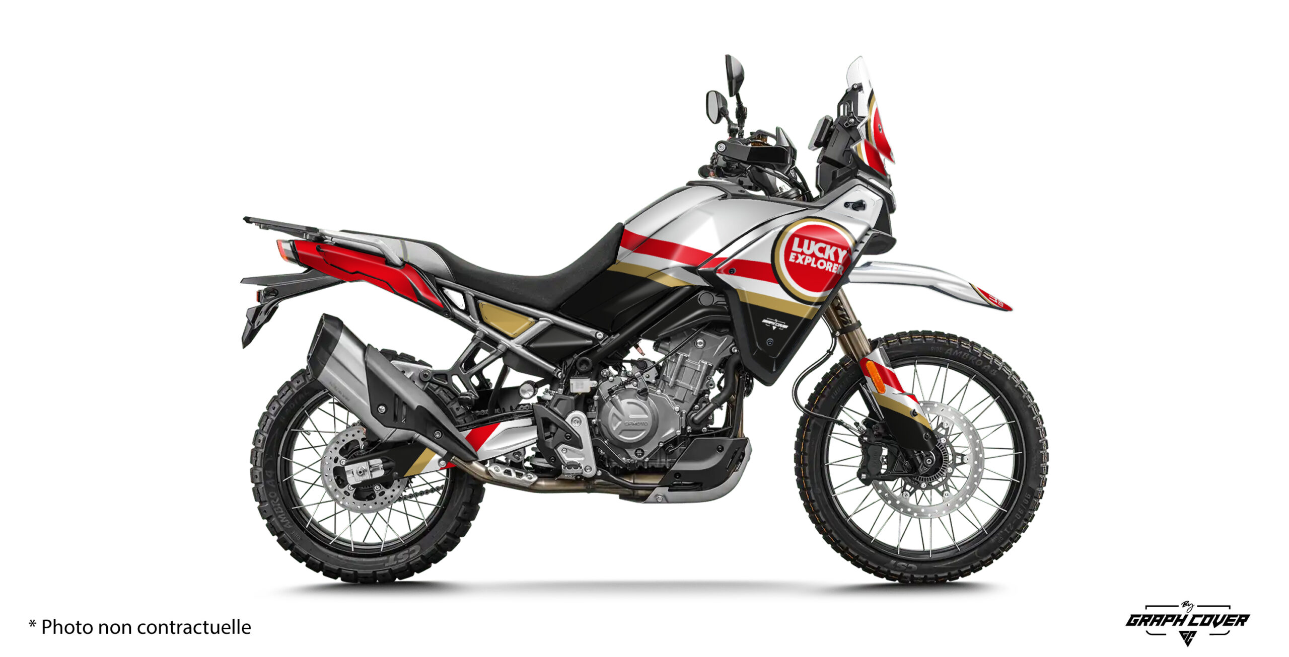 CF-Moto-450-MT-2024+-Lucky-Explorer-Blanc-3D Redonne du caractère à ta CF Moto avec les Stickers 450 MT Lucky Explorer, une édition spéciale inspirée des grandes heures du rallye-raid.
