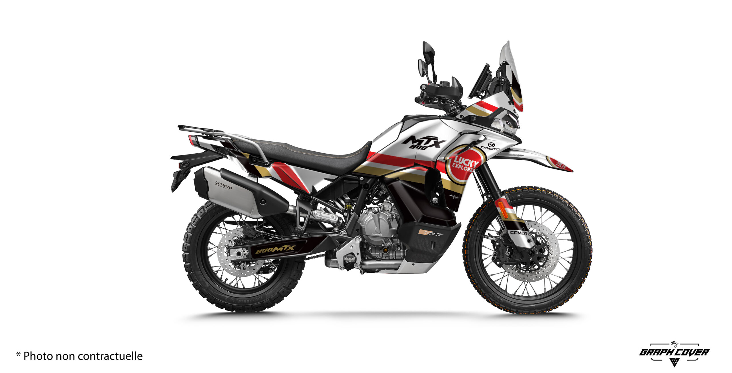 Cf-Moto-800-MTX---25+-Lucky-Blanc-3D Le kit déco MTX 800 CF Moto donne à votre trail un look d’aventurière taillée pour la performance. Le design Lucky rend hommage à l’univers du rallye-raid.