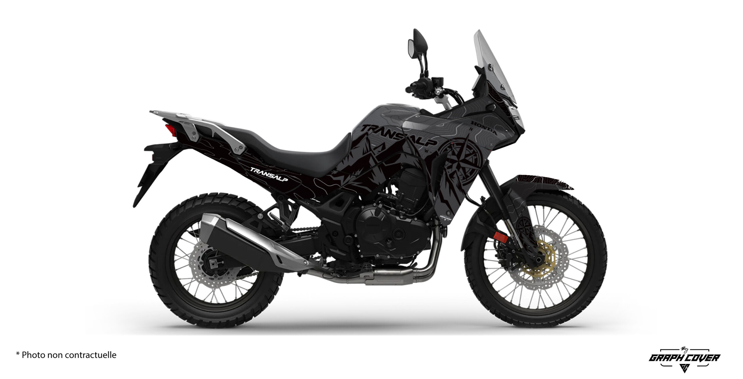 HONDA-XL-750-TRANSALP-2023+-TRAVEL-Noir-3D Kit déco Transalp 750 Travel pour Honda XL 750. Design aventure, finitions premium et personnalisation complète pour un style unique taillé pour le voyage.