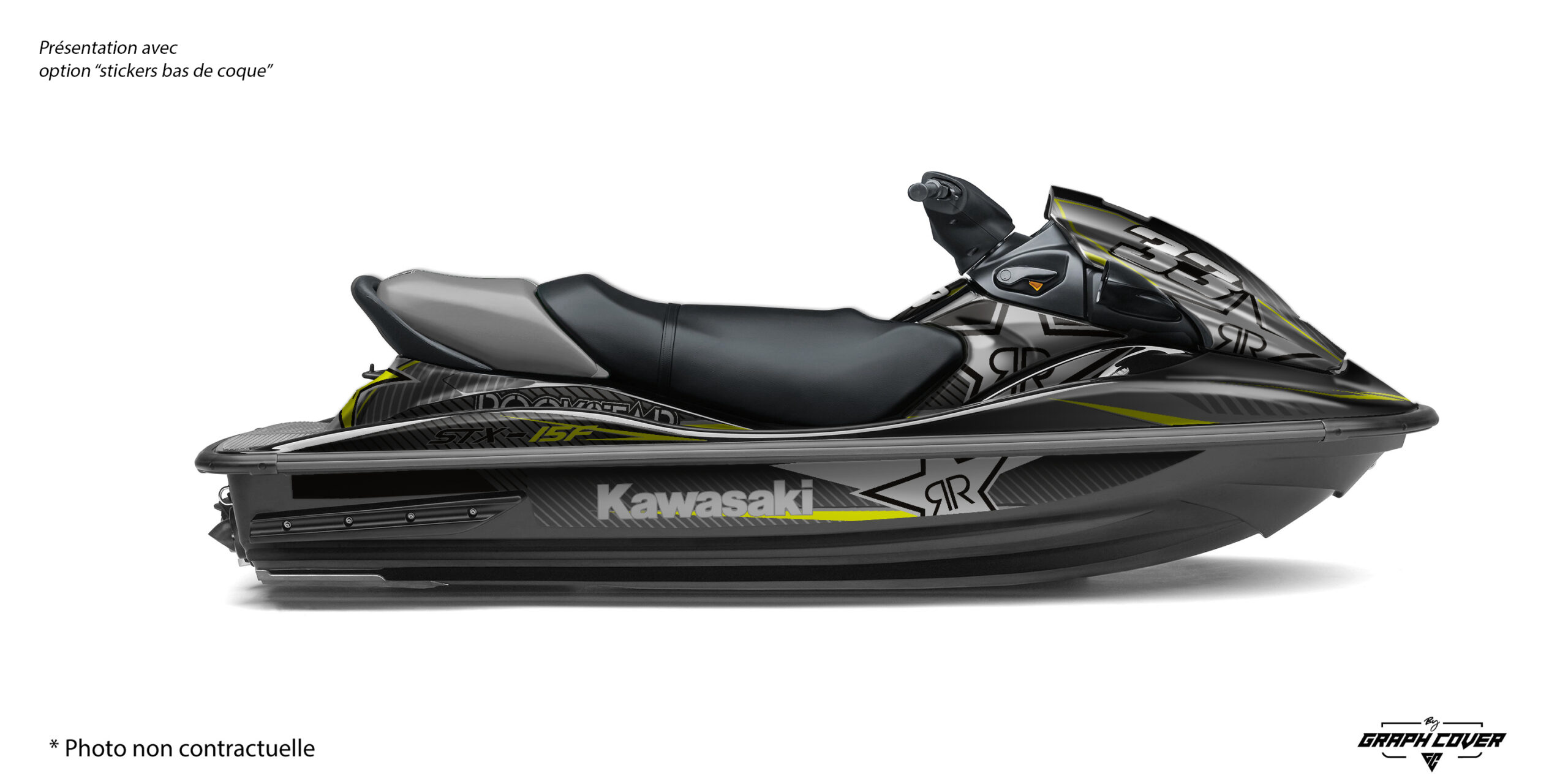 Le Kit Déco STX-15F Energy apporte une nouvelle dynamique à votre jet ski Kawasaki. Ce design combine des lignes sportives et des contrastes puissants pour transformer instantanément le look de votre STX-15F.