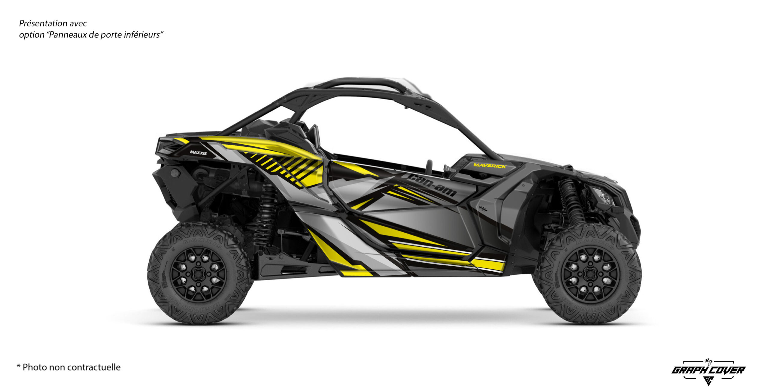 Maverick-X3_OK_nov2023-Stratos-Jaune-3D Sublime ton Can-Am Maverick X3 avec le kit custom graphics Stratos, une création exclusive Graph Cover alliant style percutant, technicité et résistance ultime.