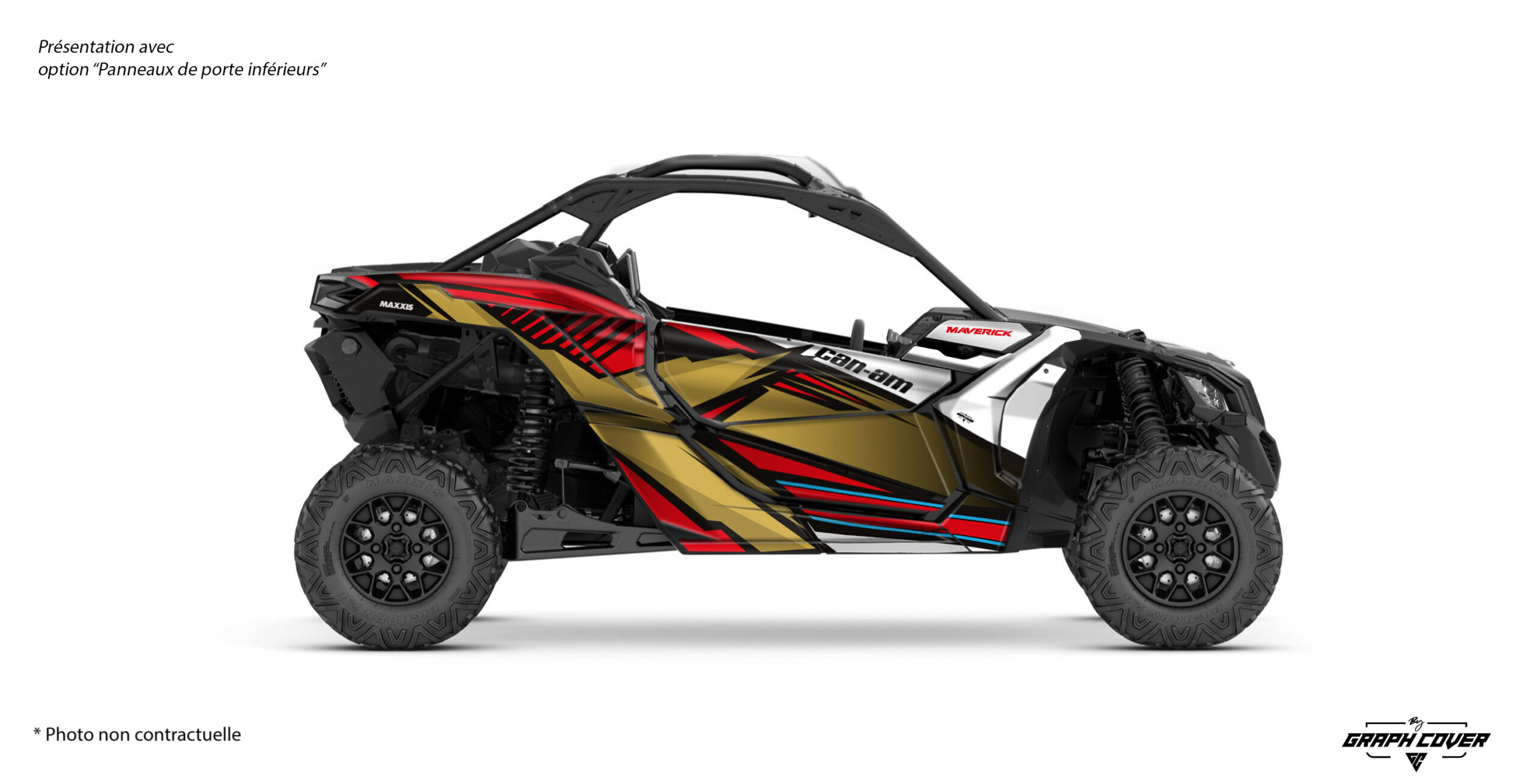 Maverick-X3_OK_nov2023-Stratos-Rouge-3D Sublime ton Can-Am Maverick X3 avec le kit custom graphics Stratos, une création exclusive Graph Cover alliant style percutant, technicité et résistance ultime.