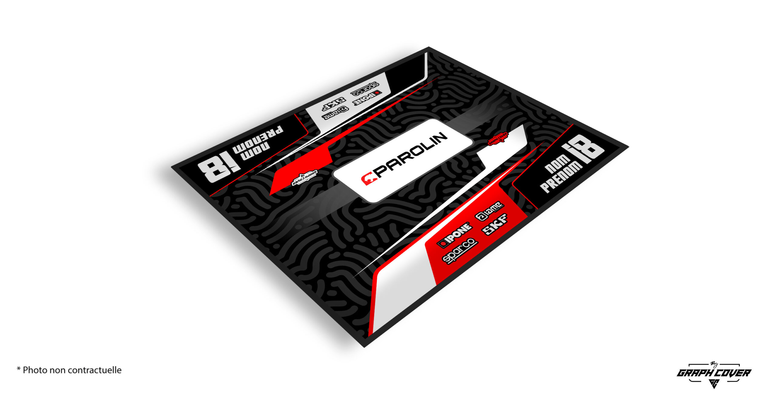 TAPISKARTINGMODEL2PAROLINRED150x190_3D Protection paddock homologuée FFSA. Le tapis environnemental karting Parolin Graph Cover est une solution pensée pour les pilotes exigeants.