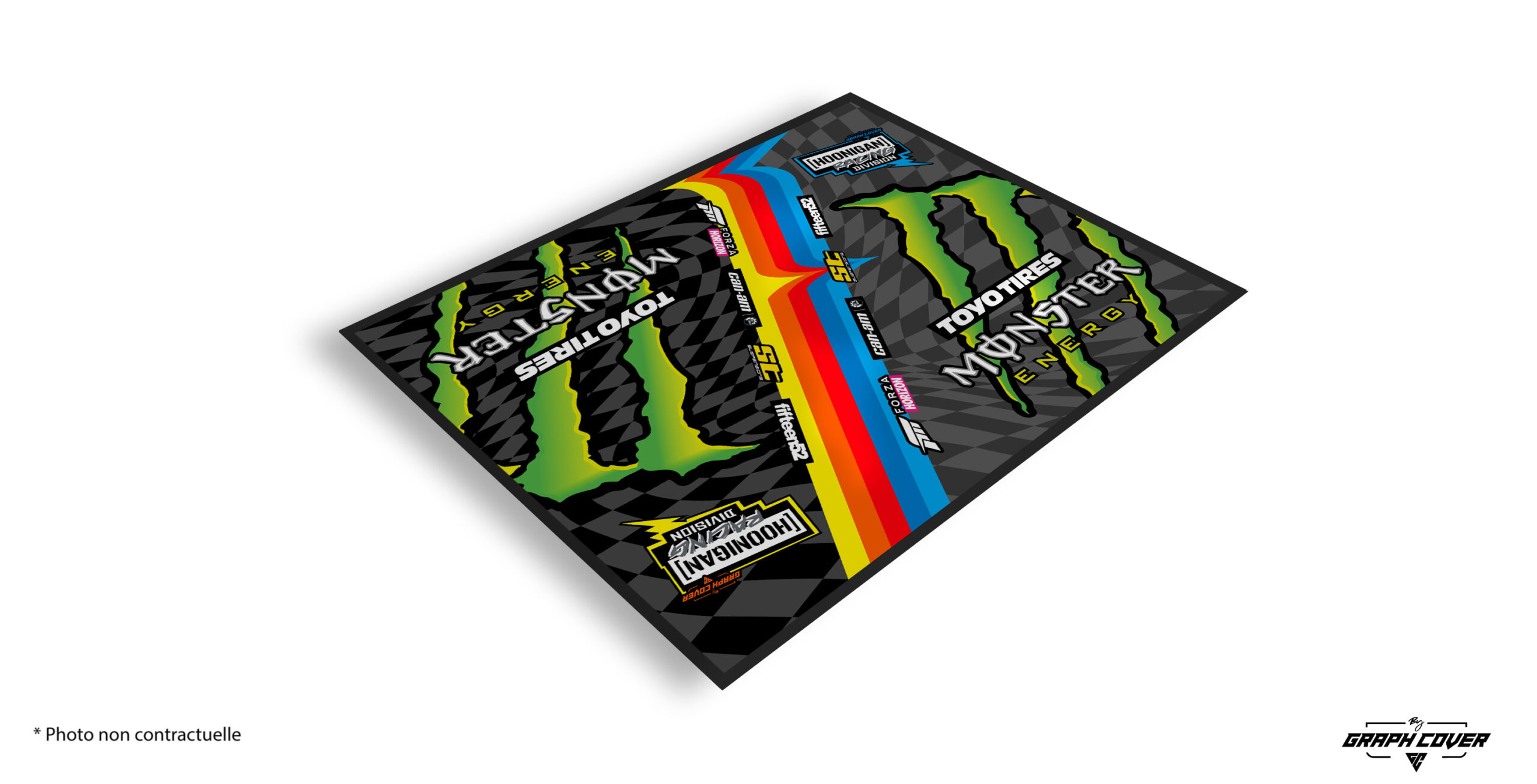 TAPISKARTINGMODEL4VERT150x190_3D Notre Tapis karting style Monster transforme ton paddock en un espace propre, sécurisé et visuellement percutant. Tapis environnemental haute protection.
