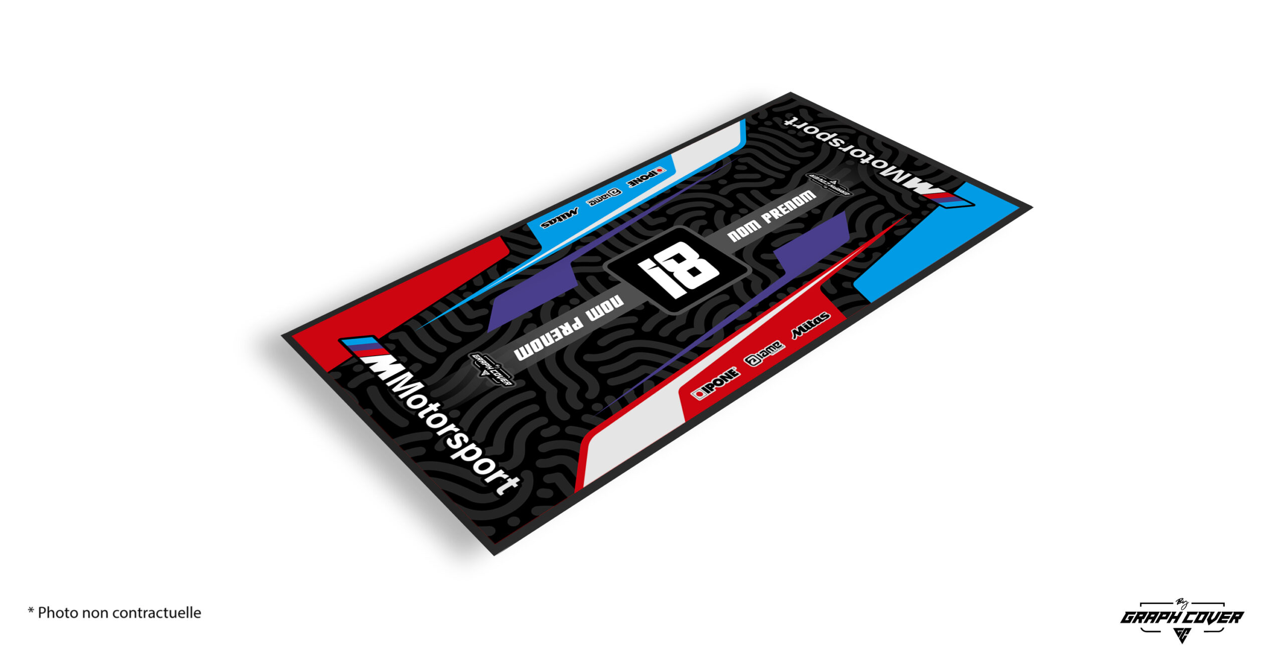 TAPISMOTOMODEL7BMWBR95x200_3D L’excellence allemande au service du style. Allie performance, élégance et précision avec ce tapis moto BMW, un modèle inspiré de l’univers M Motorsport.