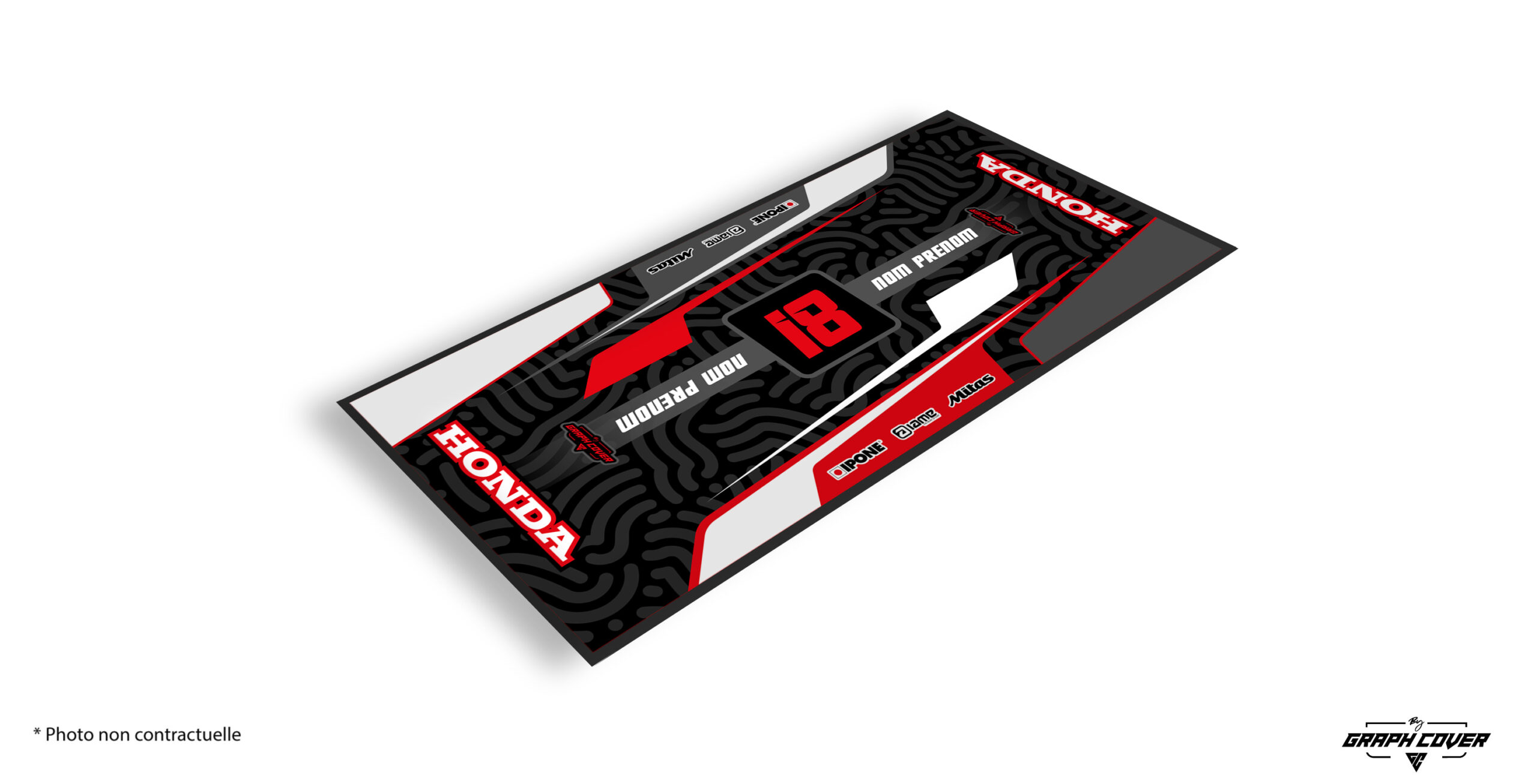 TAPISMOTOMODEL7HONDARED95x200_3D Affirme ton passion pour la performance avec le tapis moto Honda, un modèle racé et professionnel inspiré des paddocks officiels.