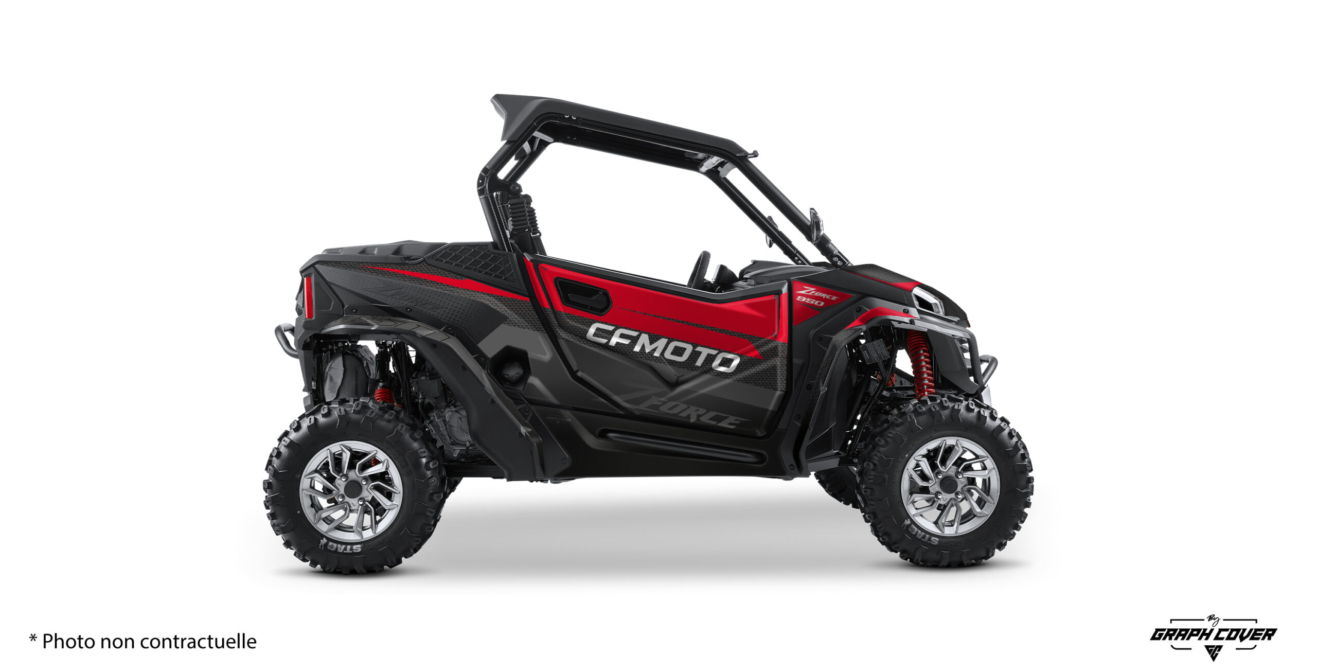 CFMoto-ZForce-950-Sport-2-Seater-2023+-Pulse-Rouge-3D Kit autocollant Zforce 950 design Pulse : kit déco full racing disponible en 3 couleurs, personnalisable, vinyles et finitions au choix.