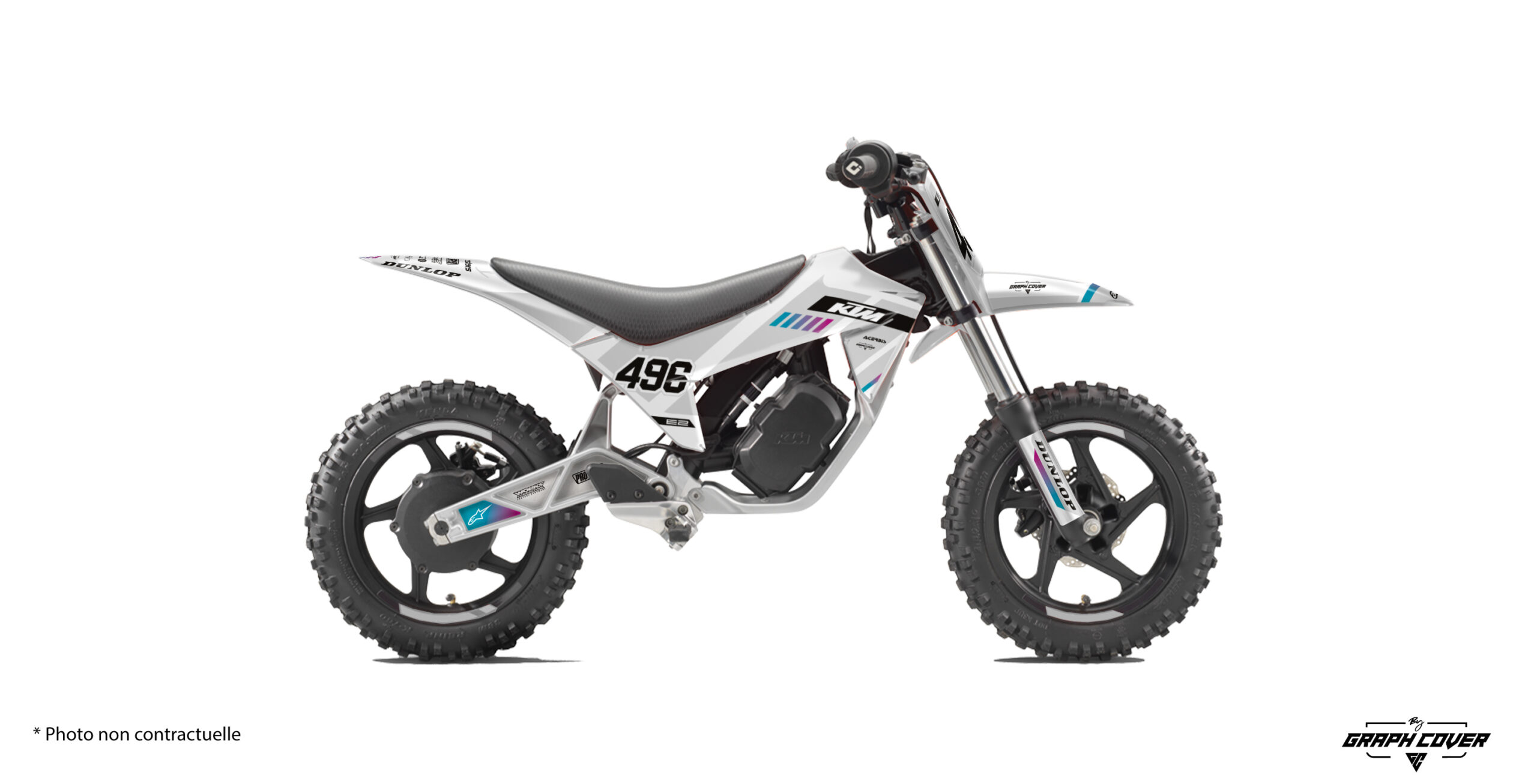 Kit-déco-KTM-SX-E2-24+-Kere-Blanc-3D Le Kit déco KTM SX-E 2 au design Kere apporte une identité visuelle forte à la KTM SX-E 2 dès le premier regard. Plusieurs options de personnalisation.