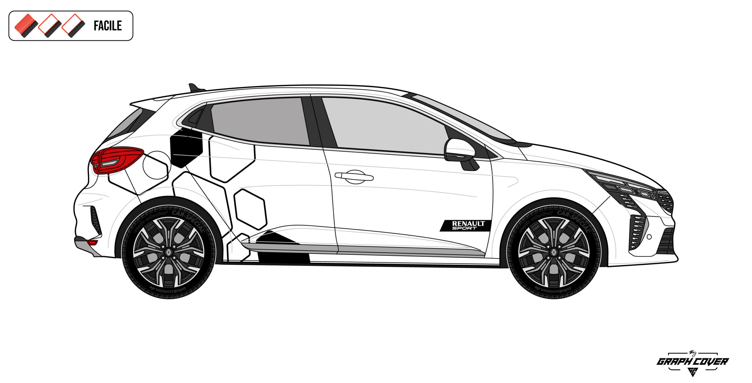 RCLIO5HEXALINE3D Kit stickers Clio diamants Hexa Line. Design géométrique moderne, couleurs personnalisables, pose facile et finitions au choix pour Renault Clio.