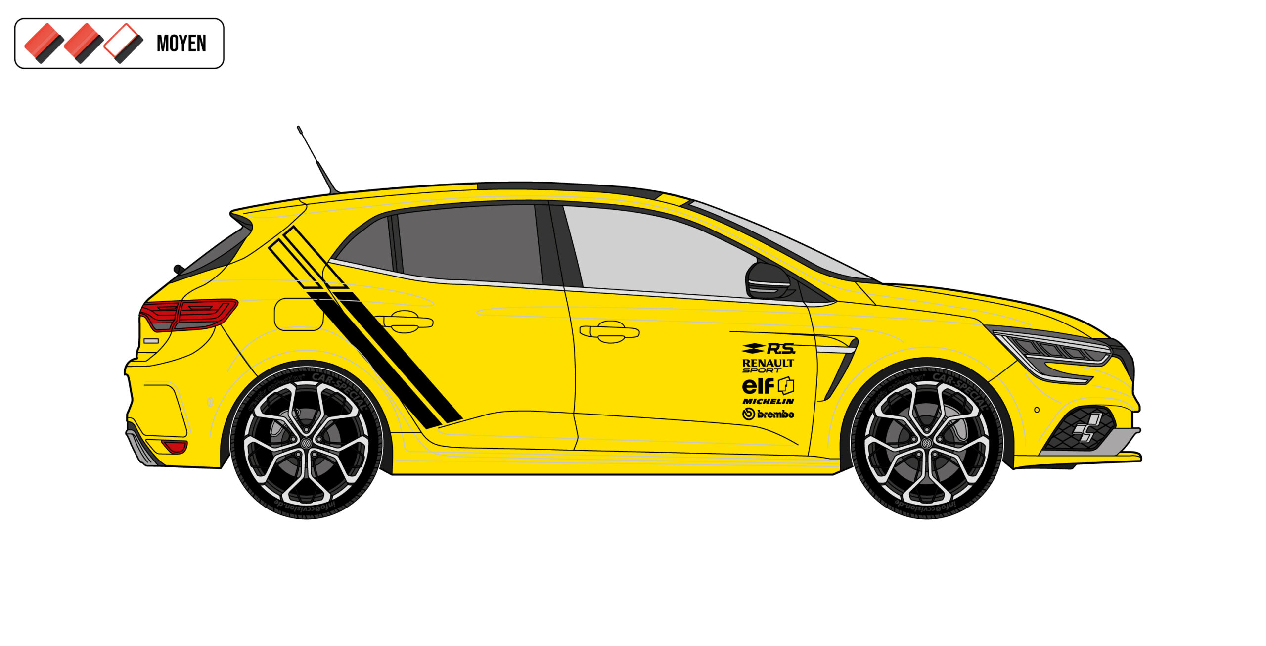 RMEG4RSTRACK3D Bandes latérales Mégane Trophy design Track : look Renault Sport racing, couleurs personnalisables, vinyles premium, finitions au choix. Pose intermédiaire.