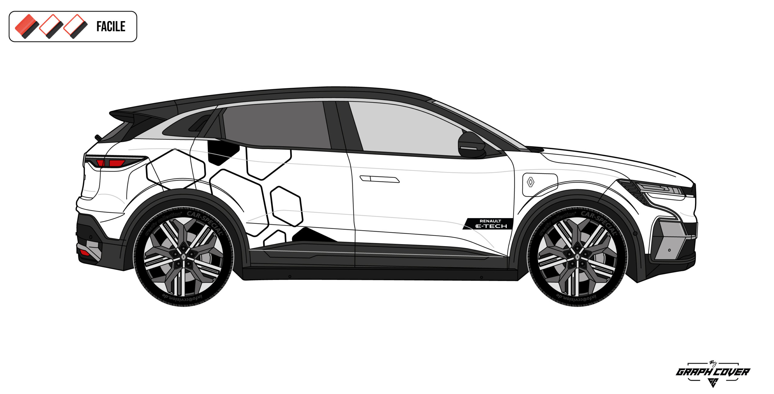 RMEGETECHHEXALINE3D Le Kit stickers Mégane E-Tech diamants Hexa Line apporte une touche graphique moderne et affirmée à la Renault Mégane E-Tech EV.