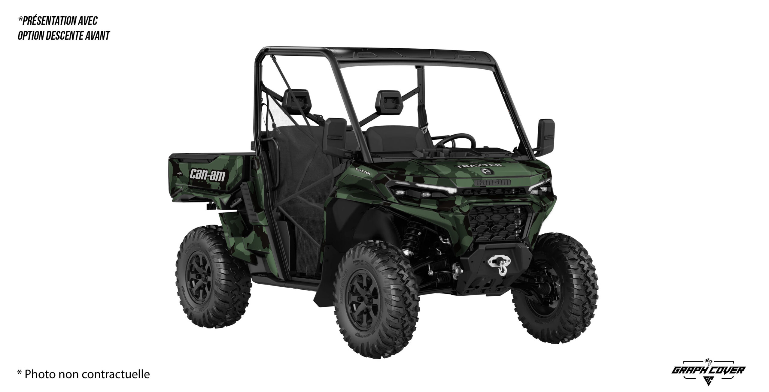 Kit-déco-Can-Am-Traxter-HD11---26+-Stealth-vert-3D Déco Can Am Traxter HD11 Stealth : style camouflage discret, personnalisation avancée et finition premium pour un SSV robuste et unique.