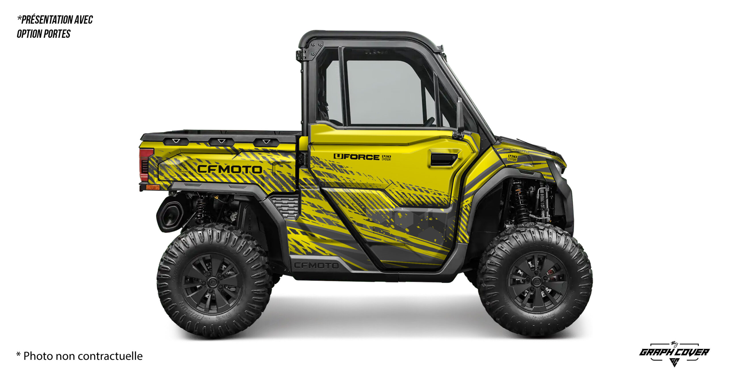 kit déco CfMoto Uforce Pro design Mud. Version light ou full, vinyle 100 microns avec finition brillante 340 microns, style off-road dynamique.