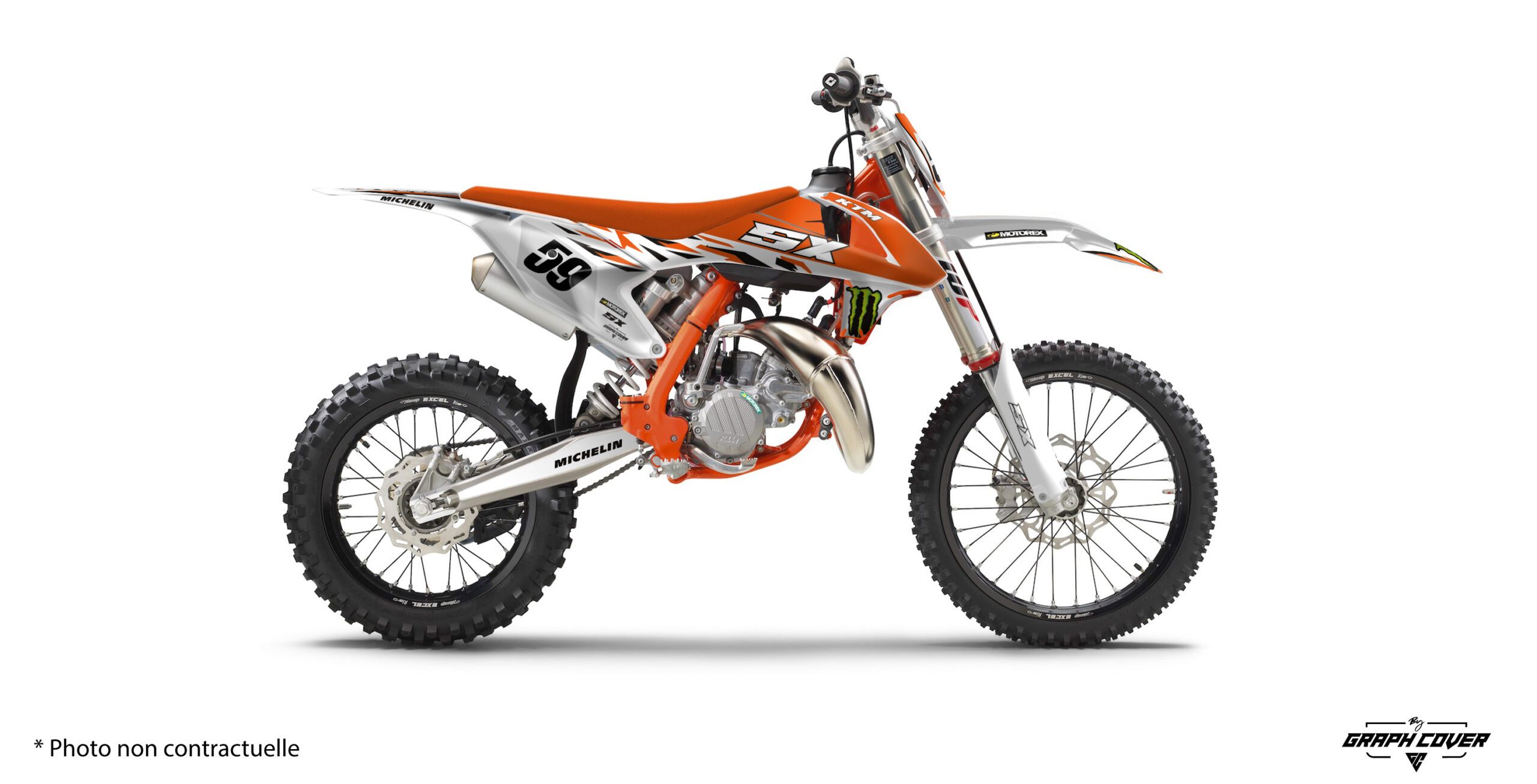 SX-85---18-à-21-Tory-Blanc_3D Kit déco motocross SX85 Tory : version fonds de plaques ou full, personnalisation pilote et vinyle premium 100 microns avec finition 340 microns.