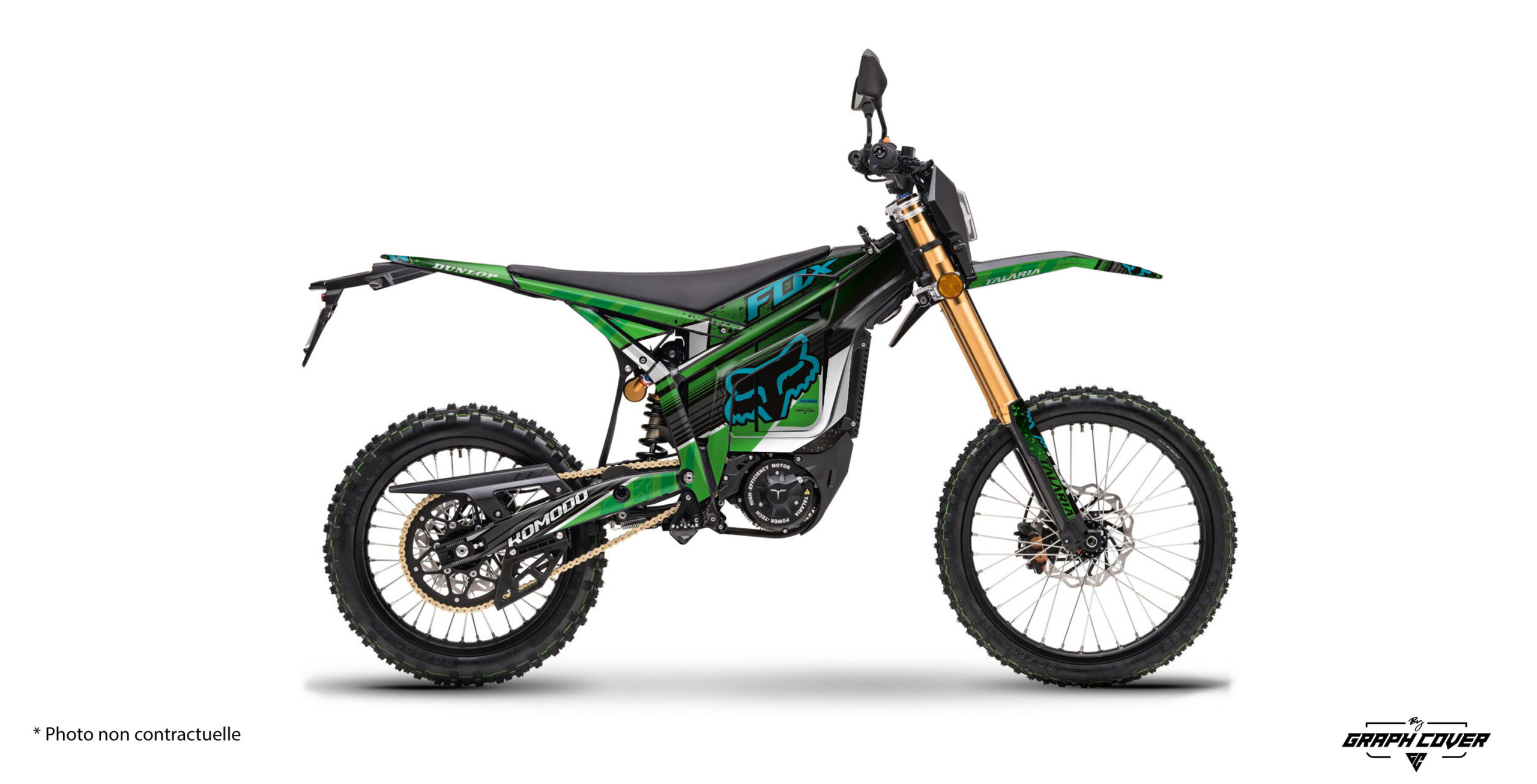 Talaria-Komodo-25+-Rockx-Vert_3D Stickers autocollant Talaria Komodo design Rockx. Kit déco moto électrique personnalisable avec vinyle blanc finition brillante et options fluo, chrome ou bumpy.