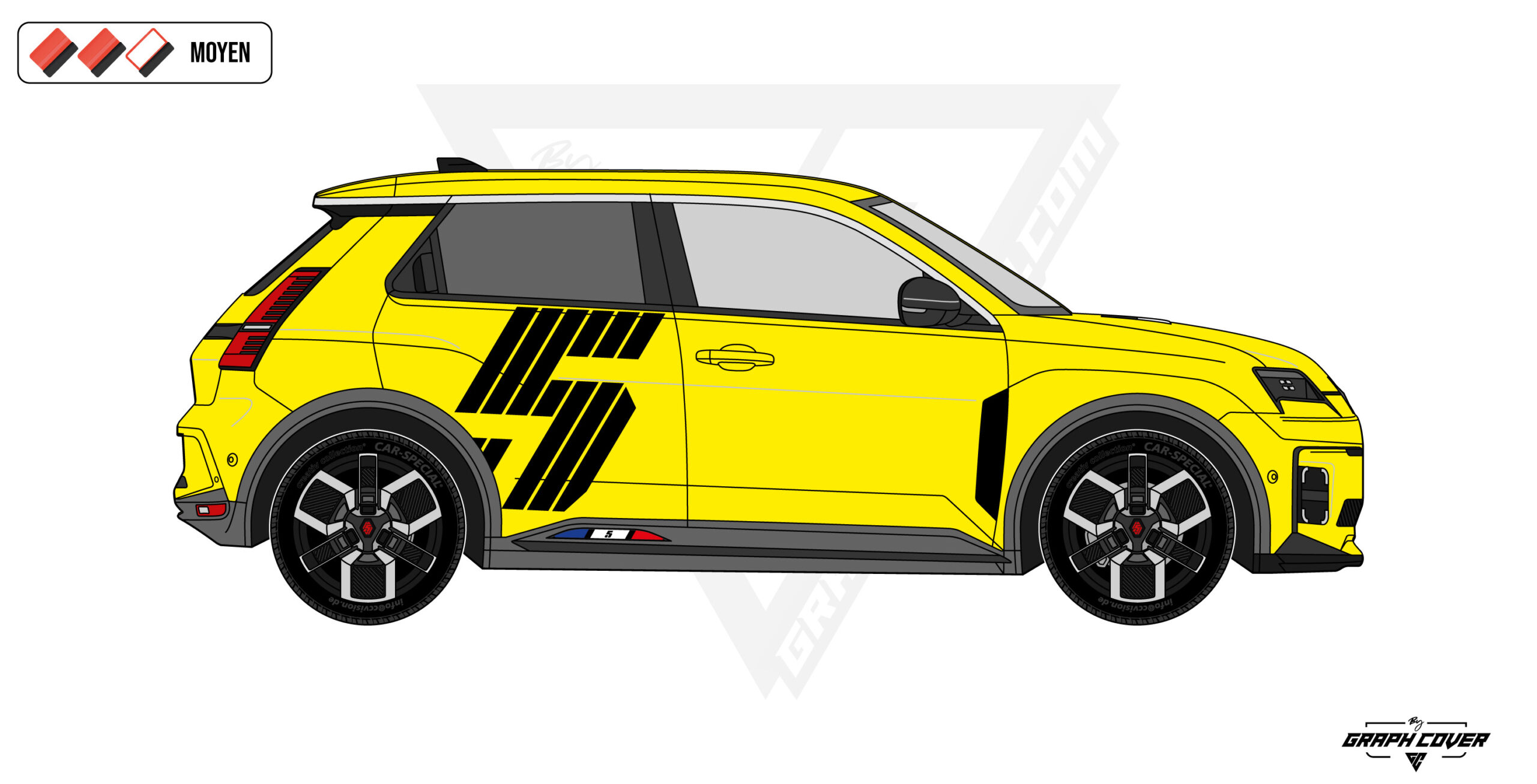 R5ETECHHERITAGE3D Personnalisez votre Renault avec les Stickers Héritage R5 E-Tech : design sportif, drapeau tricolore, pose facile. Couleurs et toit en option.