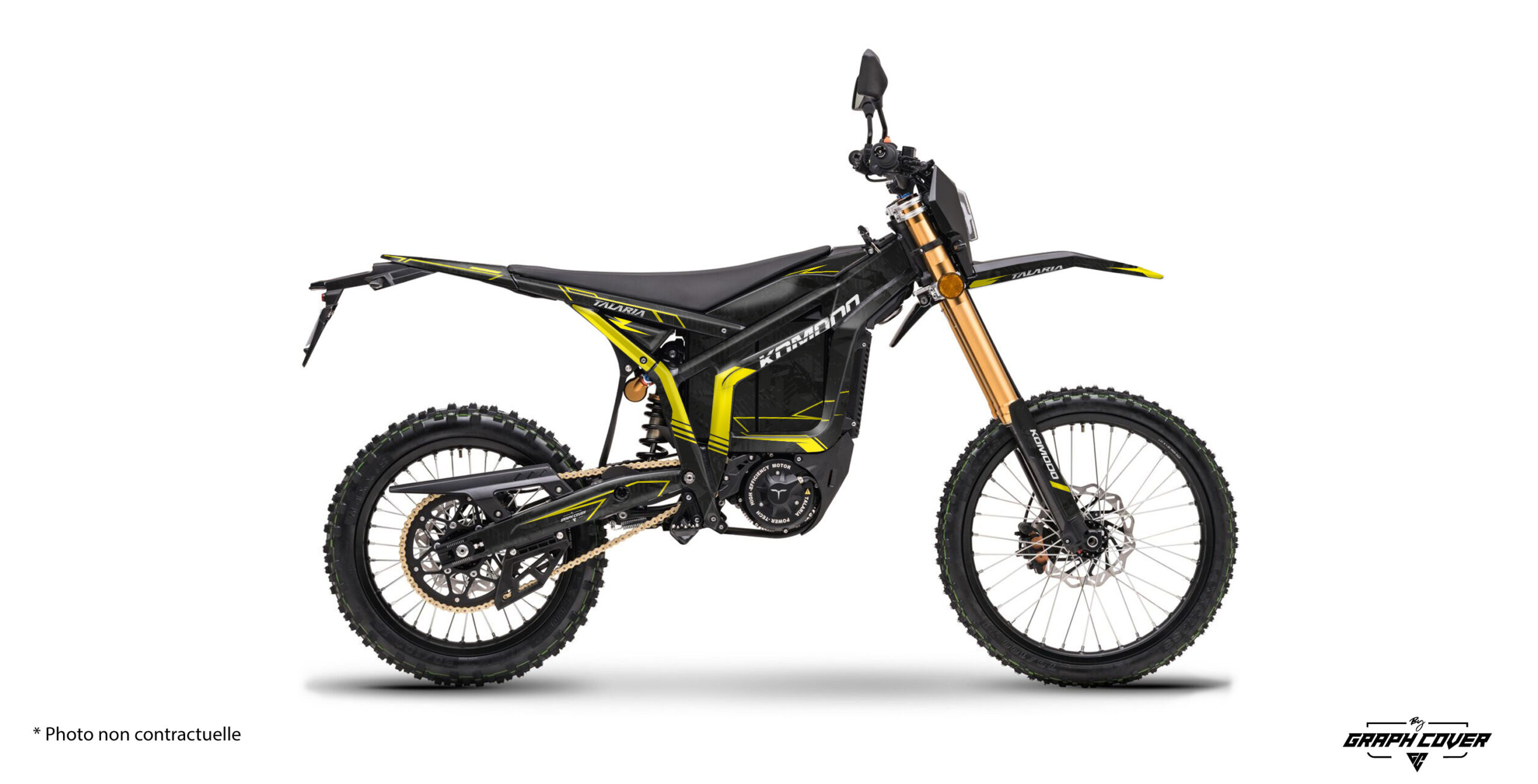 Talaria-Komodo-25+-JAKARTA-Jaune_3D Kit d'autocollants Talaria Komodo Jakarta avec design racing noir et graphique, personnalisation complète et finitions premium pour moto électrique Talaria.