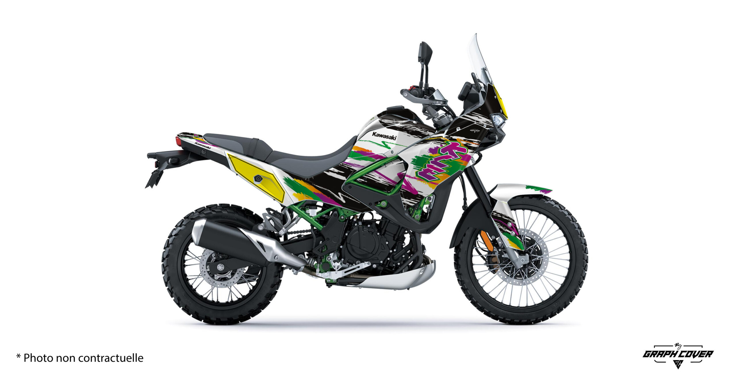 Kit-déco-Kawasaki-KLE-500---26+-Groovy-Blanc-3D Kit déco Kawasaki KLE 500 Groovy rétro racing coloré. Disponible en version Light ou Full, personnalisable et finitions premium. Fabrication française.