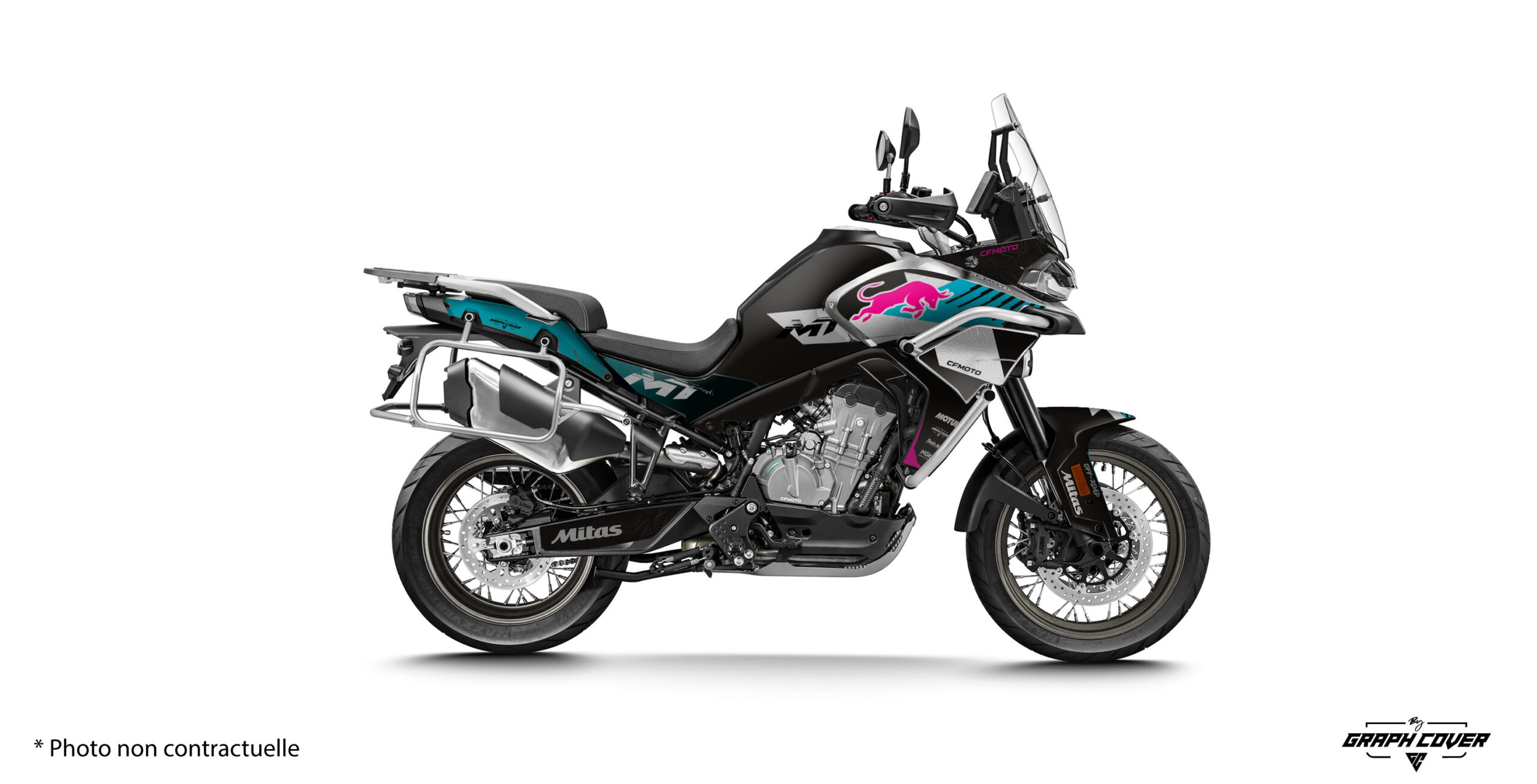 CF-MOTO-MT800-2022+-TYR-Turquoise_3D- Kit déco Ibex 800 Tyr pour CFMOTO 800 MT avec design inspiré du rallye, fabrication française sur vinyle premium et nombreuses options de personnalisation.