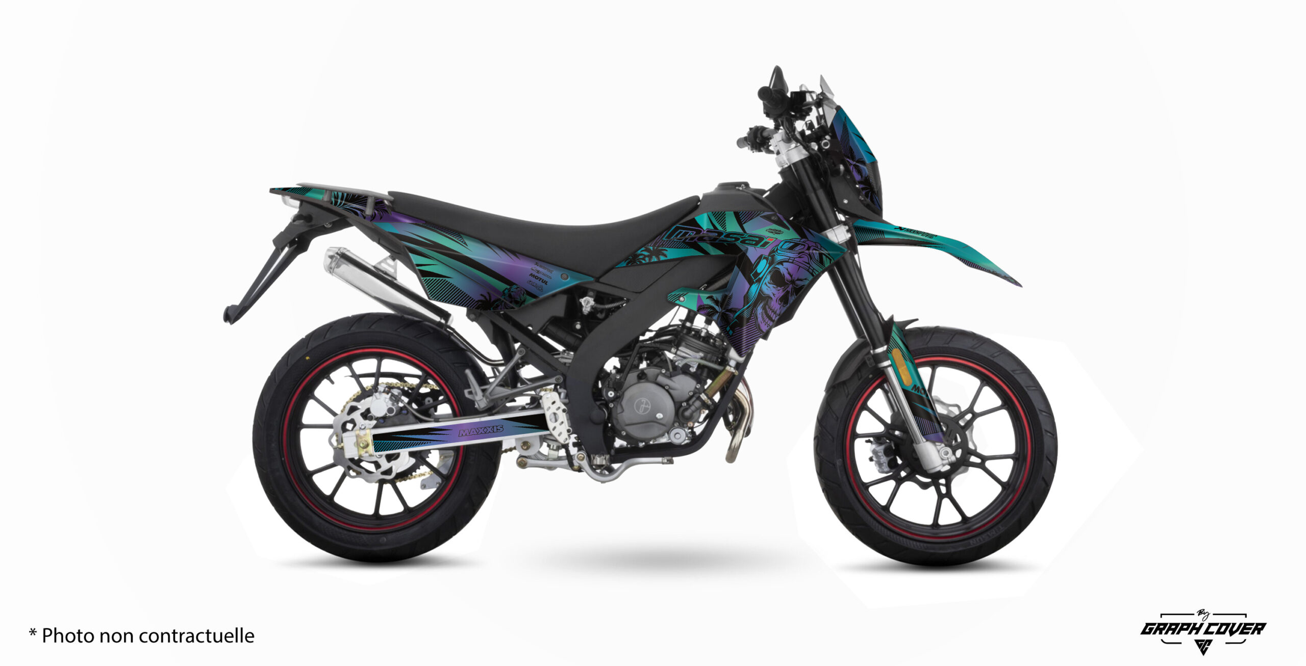 Masai-X-Ray-50---19+-Skinoo-Bleu-Violet_3D Personnalisez votre moto avec le Kit déco Masai X-Ray 50 Skinoo. Design tropical , fabrication française, vinyle premium et personnalisation sur mesure.